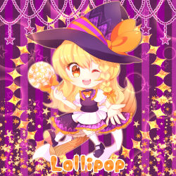 Rule 34 | 1girl, ;d, absurdres, apron, black footwear, black skirt, black vest, blonde hair, bow, braid, candy, chibi, collared vest, english text, food, full body, halloween, hat, hat bow, highres, holding, kirisame marisa, lollipop, long hair, mary janes, one eye closed, open mouth, orange bow, puffy short sleeves, puffy sleeves, ratto (mobilis 1870), round teeth, shirt, shoes, short sleeves, side braid, single braid, skirt, skirt set, smile, solo, star (symbol), teeth, touhou, very long hair, vest, waist apron, white legwear, white shirt, witch hat, yellow eyes