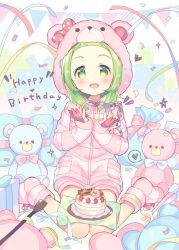 Rule 34 | 1girl, :d, animal ears, animal hood, bear ears, bear hood, birthday cake, blush, bow, box, cake, character name, commentary request, confetti, cuffs, drawstring, fake animal ears, fingernails, food, forehead, full body, gift, gift bag, gift box, green eyes, green hair, handcuffs, hands up, happy birthday, heart, highres, hood, hood up, hooded jacket, jacket, keyhole, long sleeves, meito (maze), morinaka kazaki, nijisanji, open mouth, pennant, pink jacket, pink shorts, pink socks, polka dot, polka dot bow, red bow, short shorts, shorts, sitting, sleeves past wrists, smile, socks, solo, sparkle, streamers, string of flags, striped clothes, striped jacket, striped socks, stuffed animal, stuffed toy, teddy bear, virtual youtuber, wariza, white background