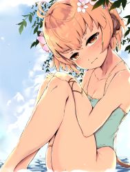 Rule 34 | 1girl, andira (granblue fantasy), animal ears, bare arms, bare legs, bare shoulders, barefoot, blue one-piece swimsuit, blush, breasts, brown eyes, brown hair, casual one-piece swimsuit, cleavage, closed mouth, collarbone, commentary request, double bun, feet out of frame, flower, granblue fantasy, hair bun, hair flower, hair ornament, hands on own knees, hands up, head tilt, highres, knees up, kyuu (plastic night q), looking at viewer, monkey ears, monkey girl, monkey tail, one-piece swimsuit, pink flower, sitting, small breasts, solo, swimsuit, tail, wavy mouth, white flower