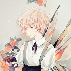 Rule 34 | 1girl, artist name, black neckwear, butterfly wings, collared shirt, flower, hair between eyes, insect wings, leaf, light brown hair, original, red flower, shirt, short hair, short sleeves, signature, solo, tofuvi, upper body, white shirt, wings