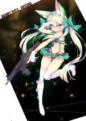 Rule 34 | 1girl, :q, animal ears, art556, art556 (girls&#039; frontline), assault rifle, bare shoulders, blush, boots, brazil, character name, full body, girls&#039; frontline, gloves, green hair, green ribbon, gun, hair between eyes, hair ribbon, high heels, highres, leg up, long hair, looking at viewer, microskirt, midriff, panties, ribbon, rifle, salute, shennai misha, skirt, sleeveless, solo, standing, standing on one leg, thigh boots, thighhighs, thighs, tongue, tongue out, trigger discipline, twintails, underwear, weapon, white gloves, white thighhighs, yellow eyes