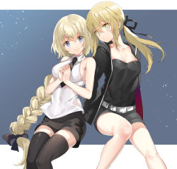 Rule 34 | 2girls, :o, arm support, arms at sides, artoria pendragon (all), artoria pendragon (fate), bad id, bad pixiv id, bare arms, bare legs, bare shoulders, belt, black jacket, black legwear, black necktie, black ribbon, black shorts, black tube top, blonde hair, blue eyes, blush, braid, breasts, casual, cleavage, closed mouth, collarbone, collared shirt, covered navel, eyes visible through hair, fate/apocrypha, fate/stay night, fate (series), female focus, grey shorts, hair between eyes, hair ribbon, hands up, head tilt, impossible clothes, impossible shirt, interlocked fingers, jacket, jeanne d&#039;arc (fate), jeanne d&#039;arc (girl from orleans) (fate), jeanne d&#039;arc (ruler) (fate), knees up, large breasts, legs, legs together, long hair, long sleeves, looking at viewer, medium breasts, multiple girls, neck, necktie, night, night sky, official alternate costume, outside border, own hands together, parted lips, ponytail, ribbon, saber alter, saber alter (ver. shinjuku 1999) (fate), shiosoda, shirt, short shorts, shorts, side-by-side, single braid, sitting, sky, sleeveless, sleeveless shirt, smile, star (sky), starry sky, strapless, thighhighs, tube top, type-moon, very long hair, white shirt, wing collar, yellow eyes