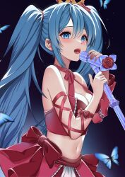 Rule 34 | 1girl, absurdres, arm ribbon, blue eyes, blue hair, breasts, bug, butterfly, cleavage, crop top, flower, hair between eyes, hatsune miku, highres, insect, long hair, medium breasts, microphone stand, midriff, milk green tea, motion blur, navel, open mouth, red flower, red rose, ribbon, rose, sitting, solo, stomach, strap gap, twintails, very long hair, vocaloid