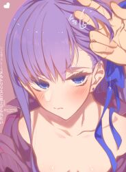 Rule 34 | 1girl, 1other, bare shoulders, blue eyes, blue ribbon, blush, breasts, collarbone, commentary request, fate/extra, fate/extra ccc, fate/grand order, fate (series), hair ribbon, highres, jacket, long hair, long sleeves, looking at viewer, meltryllis (fate), mitsurugi sugar, off shoulder, pov, pov hands, purple hair, purple jacket, ribbon, small breasts, solo focus, translation request