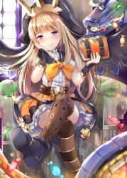 Rule 34 | 10s, 1girl, asymmetrical legwear, bad id, bad pixiv id, bell, belt, blonde hair, blush, book, bow, bowtie, brown thighhighs, buttons, cagliostro (granblue fantasy), cagliostro (halloween) (granblue fantasy), candy, cape, crossed legs, dust, food, frilled skirt, frills, glowing, granblue fantasy, grimoire, halloween costume, hand on own cheek, hand on own face, hat, holding, holding book, indoors, jingle bell, looking at viewer, machinery, mismatched legwear, nail polish, orange skirt, purple eyes, purple footwear, shirt, shoes, sitting, skirt, smile, solo, striped clothes, striped thighhighs, suspenders, sweets, tailam, thighhighs, throne, white shirt, window, zettai ryouiki