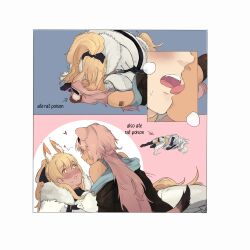 Rule 34 | 2koma, 3girls, absurdres, animal ear fluff, animal ears, arknights, armor, barcode, barcode tattoo, blemishine (arknights), blush, bow, breastplate, cape, comic, cpr, english text, extra ears, eye contact, family guy death pose (meme), fangs, french kiss, fur-trimmed armor, fur trim, gravel (arknights), hair bow, highres, horse ears, horse girl, horse tail, jacket, kiss, looking at another, meme, multiple girls, pink hair, plate armor, platinum (arknights), prairie dog ears, prairie dog tail, saliva, seeyouguyslater, shorts, shoulder tattoo, tail, tattoo, tongue, tongue out, white cape, white hair, white jacket, white shorts, yellow eyes, yuri