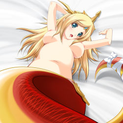 Rule 34 | 1girl, blonde hair, blue eyes, blush, breasts, echidna (p&amp;d), lamia, large breasts, looking at viewer, lying, monster girl, nipples, nude, on back, puzzle &amp; dragons, solo