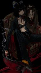 Rule 34 | 2girls, armchair, black bra, black hair, black pants, black shirt, blood, blood on hands, blouse, blue eyes, blunt bangs, bob cut, bow, bra, breasts, brown hair, chair, cigarette, cleavage, closed mouth, death, guro, hair bow, highres, holding head, looking at viewer, medium hair, mouth hold, multiple girls, narue, open clothes, open shirt, original, pants, red eyes, severed head, shirt, shoes, sitting, smile, smoking, underwear
