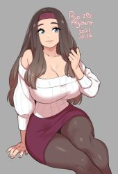 Rule 34 | 1girl, agawa ryou, arm support, artist name, bare shoulders, blue eyes, breasts, brown hair, brown pantyhose, cleavage, closed mouth, collarbone, commentary, dated, english commentary, feet out of frame, grey background, hand in own hair, headband, huge breasts, light smile, long hair, long sleeves, looking at viewer, miniskirt, numbered, off-shoulder sweater, off shoulder, original, pantyhose, pencil skirt, purple skirt, red headband, ribbed sweater, sidelocks, simple background, skirt, solo, sweater, white sweater