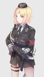 Rule 34 | 1girl, armband, black gloves, black hat, black jacket, black necktie, blonde hair, brown eyes, closed mouth, commentary, garrison cap, girls&#039; frontline, gloves, gun, hat, highres, holding, holding gun, holding weapon, jacket, light frown, long sleeves, looking at viewer, martinreaction, military, military hat, military uniform, mp40, mp40 (girls&#039; frontline), necktie, red armband, saber (weapon), shirt, short hair, simple background, solo, submachine gun, sword, thigh strap, uniform, weapon, white background, white shirt
