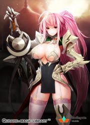 Rule 34 | 1girl, armor, armored boots, blush, boots, breasts, cloud, cloudy sky, embarrassed, gauntlets, gloves, large breasts, long hair, md5 mismatch, pink hair, qurare magic library, red eyes, resized, sky, snowball22, solo, sword, thighhighs, weapon