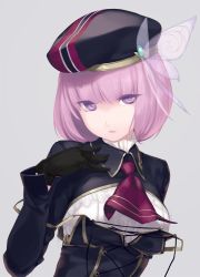 Rule 34 | 1girl, beret, black gloves, breasts, butterfly hair ornament, character request, framed breasts, gloves, grey background, hair ornament, hat, lili levinas, medium breasts, pink eyes, pink hair, purple eyes, rokuwata tomoe, senkou no ronde, short hair, solo