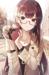 Rule 34 | 1girl, black skirt, blurry, blurry background, box, brown eyes, brown hair, brown jacket, building, closed mouth, collarbone, glasses, heart-shaped box, highres, holding, holding box, jacket, jewelry, long hair, long sleeves, looking at viewer, necklace, original, outdoors, road, shirt, skirt, sky, smile, solo, street, tree, yuna (deadawon)