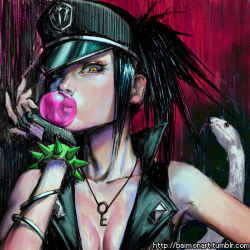 Rule 34 | 1girl, baimon, bare shoulders, beros, black hair, blood lad, blue eyes, bracelet, blowing bubbles, chewing gum, eyelashes, fingerless gloves, gloves, hat, heterochromia, jewelry, looking at viewer, police, shirt, sleeveless, sleeveless shirt, snake, solo, spiked hair, twintails, upper body, yellow eyes