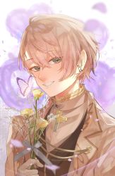 Rule 34 | 1boy, balloon, black vest, blonde hair, blurry, blurry background, bug, butterfly, cross, flower, green eyes, hair behind ear, highres, holding, holding flower, bug, jacket, kagami hayato, karupisusawa, looking at viewer, male focus, nijisanji, purple butterfly, smile, solo, sweater, vest, virtual youtuber, white jacket, white sweater