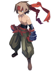Rule 34 | 1boy, brown hair, clenched hand, disgaea, expressionless, full body, gloves, harada takehito, headband, male focus, male warrior (disgaea), official art, pants, pointy ears, topless male, shoes, solo, standing, white background
