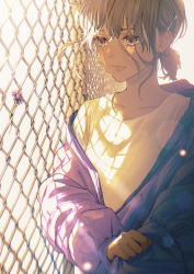Rule 34 | 1girl, absurdres, brown hair, chain-link fence, crying, crying with eyes open, day, fence, flower, hair between eyes, hair ornament, hairclip, highres, hood, hood down, jacket, lens flare, long hair, long sleeves, macaronk, original, outdoors, ponytail, solo, standing, tears, zipper