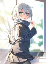 Rule 34 | 1girl, black thighhighs, blazer, blue eyes, blush, breasts, commentary request, cowboy shot, day, enpera, grey hair, grey jacket, grey scarf, grey skirt, hair between eyes, hand up, highres, indoors, jacket, long hair, looking at viewer, looking to the side, open mouth, original, pleated skirt, scarf, school uniform, shiro youduki, skirt, small breasts, solo, sunlight, thighhighs, window