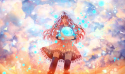 Rule 34 | 1girl, black thighhighs, blonde hair, blue hair, brown eyes, cloud, cloudy sky, dress, energy ball, from below, glowing, holding, light particles, long hair, looking at viewer, magic, multicolored hair, orb, original, over-kneehighs, sakimori (hououbds), sky, solo, standing, thighhighs, wavy hair, zettai ryouiki