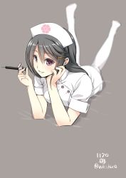 Rule 34 | 10s, 1girl, alternate costume, alternate eye color, black hair, blurry, dated, depth of field, hair ornament, hairclip, haruna (kancolle), hat, highres, kantai collection, long hair, lying, md5 mismatch, no shoes, nurse, nurse cap, on stomach, pink eyes, resized, solo, syringe, the pose, twitter username, weshika, white legwear