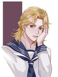 Rule 34 | 1boy, blonde hair, dio brando, expressionless, hand on own cheek, hand on own face, jojo no kimyou na bouken, looking at viewer, male focus, mullet, phantom blood, red eyes, sailor collar, solo, zhoujo51