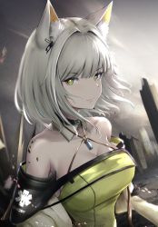Rule 34 | 1girl, animal ear fluff, animal ears, arknights, bare shoulders, breasts, cat ears, cleavage, closed mouth, cloud, cloudy sky, collarbone, day, dress, green dress, green eyes, grey hair, highres, kal&#039;tsit (arknights), large breasts, looking at viewer, material growth, off shoulder, open clothes, oripathy lesion (arknights), outdoors, poni (poni arknights), short hair, sky, solo, sunlight, upper body, v-shaped eyebrows
