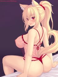 Rule 34 | 1girl, :p, animal ear fluff, animal ears, ass, blonde hair, blush, breasts, cat ears, cat girl, cat tail, closed mouth, commentary, english commentary, from behind, hair ornament, hair scrunchie, highres, large breasts, lingerie, long hair, looking at viewer, looking back, nipples, nottytiffy, original, panties, patreon username, ponytail, purple background, red eyes, red panties, scrunchie, sidelocks, sitting, slit pupils, smile, solo, tail, thighs, tongue, tongue out, underwear