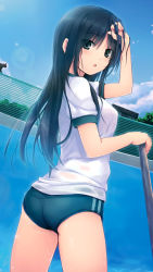 Rule 34 | 1girl, blue hair, blue sky, cleaning, cloud, coffee-kizoku, green eyes, gym uniform, hands in hair, highres, looking at viewer, open mouth, outdoors, pool, school, sky, solo, thighs