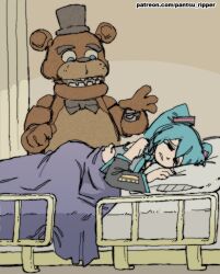 Rule 34 | 1girl, aqua hair, aqua necktie, bed, black bow, black bowtie, black sleeves, bow, bowtie, closed eyes, crying, detached sleeves, five nights at freddy&#039;s, freddy fazbear, grey shirt, hat, hatsune miku, highres, hospital bed, indoors, joints, long hair, loss (meme), lying, meme, mini hat, mini top hat, necktie, on bed, on side, pantsu-ripper, robot joints, shirt, top hat, twintails, vocaloid