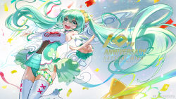 Rule 34 | 1girl, :d, anniversary, blush, boots, breasts, character name, confetti, dan evan, detached sleeves, floating hair, green eyes, green hair, green skirt, hair between eyes, hatsune miku, high heel boots, high heels, highres, index finger raised, long hair, looking at viewer, medium breasts, open mouth, pointing, pointing at viewer, racing miku, racing miku (2017), round teeth, showgirl skirt, skirt, smile, solo, tareme, teeth, thigh boots, thighhighs, twintails, very long hair, vocaloid, white footwear, white thighhighs