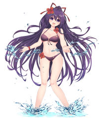 Rule 34 | 1girl, bikini, black ribbon, breasts, date a live, flower, front-tie top, hair flower, hair ornament, hair ribbon, highres, long hair, looking at viewer, medium breasts, neps-l, open mouth, ponytail, purple bikini, purple eyes, purple hair, ribbon, simple background, smile, solo, splashing, swimsuit, very long hair, wading, white background, yatogami tooka