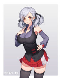 Rule 34 | 1girl, absurdres, black ribbon, black thighhighs, breasts, brown eyes, character name, cleavage, closed mouth, commentary, detached sleeves, girls&#039; frontline, gradient background, grey background, hair ribbon, hand on own hip, highres, large breasts, looking at viewer, morung, photoshop (medium), red skirt, revision, ribbon, short hair, silver hair, skirt, smile, solo, spas-12 (girls&#039; frontline), standing, thighhighs, twitter username, zettai ryouiki