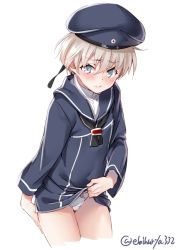 Rule 34 | 1girl, anchor, blue eyes, closed mouth, clothes lift, clothes writing, cowboy shot, cropped legs, dress, dress lift, ebifurya, hat, highres, kantai collection, leaning forward, lifting own clothes, looking at viewer, military, military hat, military uniform, panties, pantyshot, sailor collar, sailor dress, sailor hat, short hair, silver hair, simple background, solo, standing, thighs, twitter username, underwear, uniform, white background, white panties, z1 leberecht maass (kancolle)