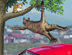 Rule 34 | animal focus, blue sky, blurry, blurry background, jumping, leaf, matataku, motion lines, mount fuji, no humans, original, outdoors, shadow, sky, surprised cat (matataku), tree