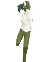 Rule 34 | 00s, 1girl, androgynous, blouse, collared shirt, dress shirt, fur hat, goggles, hair over one eye, hat, highres, kino (kino no tabi), kino no tabi, reverse trap, shirt, short hair, simple background, sleeves rolled up, solo, standing, standing on one leg, unworn hat, unworn headwear, white background, white shirt