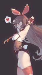 Rule 34 | 1girl, ;d, absurdres, amber (genshin impact), armpits, arms behind head, arms up, black shorts, breasts, brown background, commentary, corset, detached sleeves, english commentary, from side, genshin impact, grin, hair ribbon, hairband, heart, highres, looking at viewer, looking to the side, medium breasts, one eye closed, open mouth, rabbit tail, red corset, red hairband, red ribbon, red thighhighs, ribbon, rou (rou22), short shorts, short sleeves, shorts, simple background, skindentation, smile, speech bubble, spoken heart, tail, teeth, thighhighs, thighs
