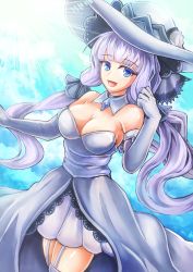 Rule 34 | 1girl, :d, azur lane, bare shoulders, blue eyes, blunt bangs, breasts, cleavage, cowboy shot, dashinoya, dress, elbow gloves, garter straps, gloves, illustrious (azur lane), large breasts, long hair, looking at viewer, low twintails, open mouth, silver hair, smile, solo, thighhighs, twintails, white dress, white gloves