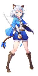 Rule 34 | 1girl, animal ears, belt, black gloves, blue bow, blue eyes, blush, boots, bow, brown footwear, cat ears, cat tail, closed mouth, copyright request, full body, gloves, highres, holding, holding sword, holding weapon, knee boots, looking at viewer, shoonear, short hair, silver hair, smile, solo, sword, tail, tail bow, tail ornament, weapon
