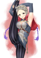 Rule 34 | 1girl, absurdres, ahoge, braid, breasts, commission, commissioner upload, fire emblem, fire emblem fates, grey eyes, grey hair, hairband, highres, igni tion, large breasts, legs, looking at viewer, nina (fire emblem), nintendo, simple background, solo, split, standing, standing on one leg, standing split, twintails