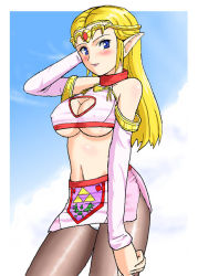 Rule 34 | 1girl, bare shoulders, blonde hair, blue eyes, blush, breasts, cleavage, cleavage cutout, clothing cutout, crown, detached sleeves, elbow gloves, covered erect nipples, gloves, hat, konpeto, large breasts, long hair, midriff, miniskirt, nintendo, panties, pantyhose, pointy ears, princess zelda, skirt, solo, the legend of zelda, the legend of zelda: ocarina of time, tiara, triforce, underboob, underwear