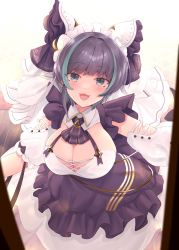 Rule 34 | 1girl, :3, animal ears, apron, arm garter, azur lane, blue eyes, breasts, cheshire (azur lane), detached sleeves, fake animal ears, frilled hairband, frilled ribbon, frills, garter straps, grey hair, hairband, highres, large breasts, long ribbon, maid, maid headdress, multicolored hair, narushima kanna, puffy detached sleeves, puffy sleeves, purple apron, ribbon, smile, solo, streaked hair, wrist cuffs