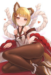Rule 34 | 1girl, animal ears, ass, bare shoulders, black pantyhose, blonde hair, blush, braid, breasts, collarbone, commentary request, detached sleeves, dog ears, erune, granblue fantasy, hair ornament, highres, japanese clothes, looking at viewer, lying, on side, open mouth, pantyhose, rope, short hair, smile, solo, tail, tomo (tmtm mf mf), vajra (granblue fantasy), wide sleeves
