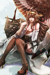 Rule 34 | 10s, 1girl, ahoge, bare shoulders, breasts, cleavage, kantai collection, kongou (kancolle), long hair, mast, minamino (aabb111222), nontraditional miko, sitting, skirt, solo, umbrella
