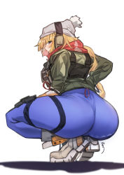 Rule 34 | 1girl, aningay, ass, blonde hair, boots, blowing bubbles, chewing gum, full body, girls&#039; frontline, hat, headphones, holster, jacket, long hair, long sleeves, looking at viewer, official alternate costume, red scarf, scarf, simple background, solo, squatting, thigh holster, vhs (girls&#039; frontline), vhs (keeper on page 8) (girls&#039; frontline), white background