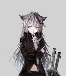 Rule 34 | 1girl, arknights, black jacket, black nails, chinese commentary, commentary request, fingerless gloves, gloves, grey background, grey eyes, grey gloves, hair ornament, hairclip, hand up, high collar, highres, index fingers raised, jacket, lappland (arknights), long hair, long sleeves, looking at viewer, messy hair, nail polish, navel, parted lips, scar, scar across eye, scar on face, shokuyou koori, silver hair, simple background, smile, solo, sword, upper body, very long hair, weapon