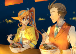 Rule 34 | 1boy, 1girl, ace attorney, ahoge, apollo justice, athena cykes, blue bow, blue eyes, blue necktie, bow, bowl, brown hair, chopsticks, crescent, crescent earrings, delusion syndrome, earrings, food, hair bow, hairband, jewelry, long hair, necktie, noodles, phoenix wright: ace attorney - dual destinies, ramen, shirt, side ponytail, single earring, smile