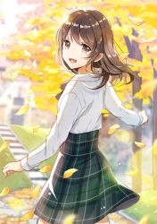 Rule 34 | 1girl, :d, autumn leaves, blurry, blurry background, brown eyes, brown hair, collared shirt, day, depth of field, grass, hair between eyes, highres, leaf, looking at viewer, looking back, medium hair, mono lith, open mouth, original, outdoors, plaid, plaid skirt, school uniform, shirt, skirt, smile, solo, stairs, standing, tree, white shirt