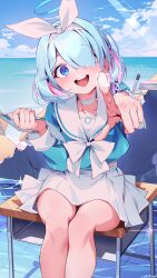 Rule 34 | 1girl, arona (blue archive), blue archive, blue eyes, blue hair, highres, kainown, long sleeves, looking at viewer, multicolored hair, open mouth, sitting, skirt, smile, solo, two-tone hair, white skirt