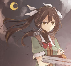 Rule 34 | 10s, 1girl, bow, brown eyes, brown hair, chibirisu, crescent moon, crossed arms, hair ornament, kantai collection, long hair, looking at viewer, machinery, moon, solo, tone (kancolle), twintails, upper body