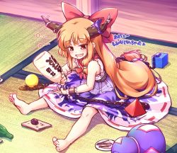 Rule 34 | 1girl, bottle, bow, bowtie, cube, cuffs, food, gourd, hair bow, holding, holding bottle, horn ornament, horn ribbon, horns, ibuki suika, indoors, isu (is88), long hair, looking down, low-tied long hair, metal belt, open mouth, orange eyes, orange hair, orb, plate, purple ribbon, purple skirt, red bow, red bowtie, red ribbon, ribbon, ribbon-trimmed skirt, ribbon trim, shackles, shirt, sitting, skirt, smile, solo, tatami, torn clothes, torn sleeves, touhou, white ribbon, white shirt, wrist cuffs